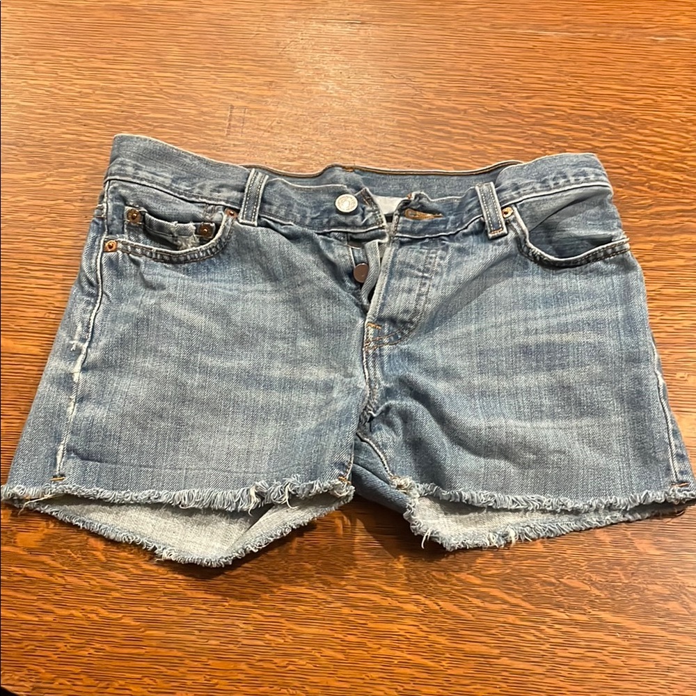 Levi's 501 Blue Jean Shorts with Frayed Hem and button fly